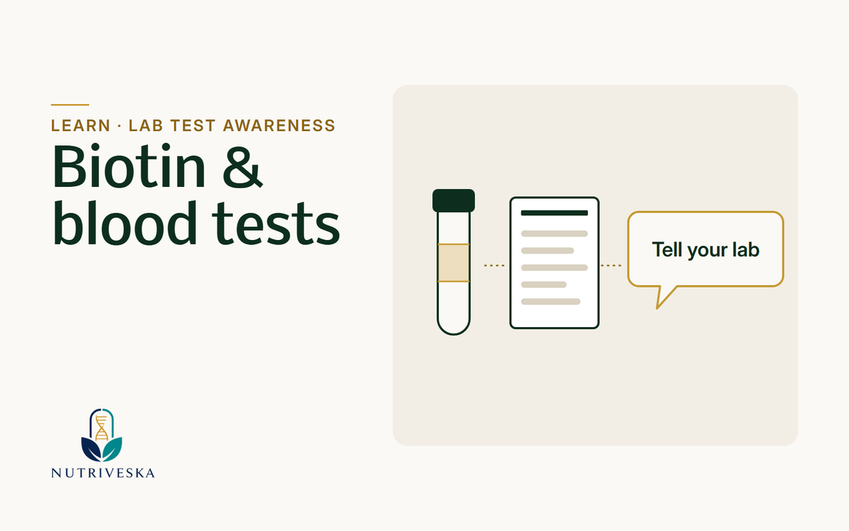 Illustration of a lab sample tube and supplement label with a reminder to tell your lab about biotin.