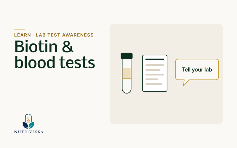 Illustration of a lab sample tube and supplement label with a reminder to tell your lab about biotin.