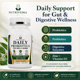 Nutriveska Daily Probiotics for Men & Women with probiotics, prebiotics, digestive enzymes, zinc, and vitamin D3 for digestive and gut support