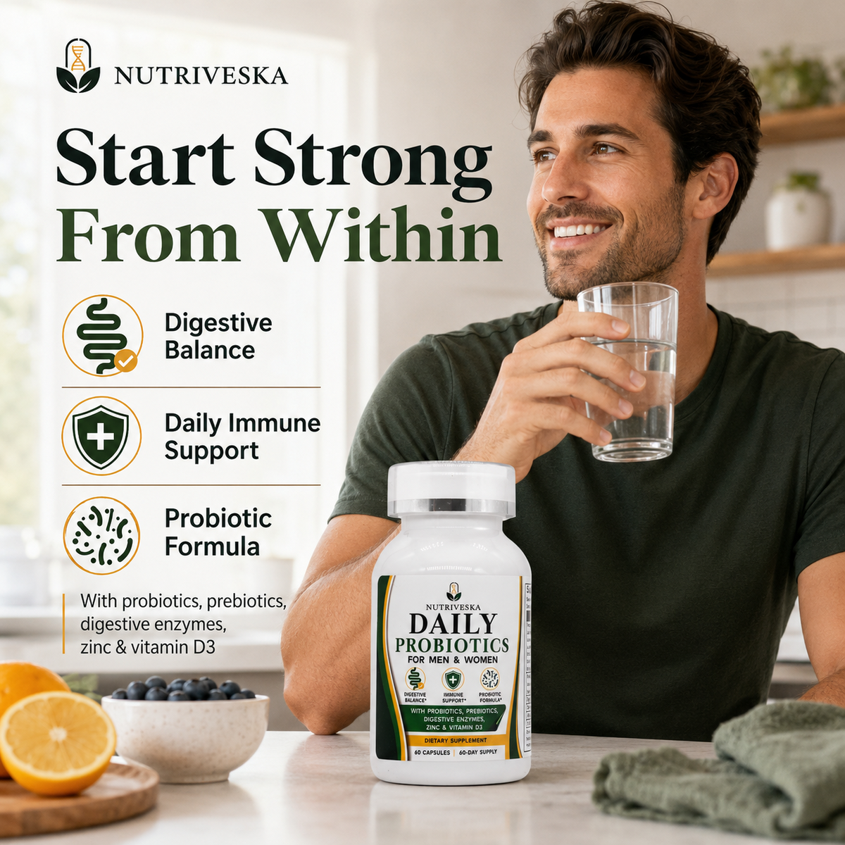 Nutriveska Daily Probiotics for Men & Women shown as part of a daily routine, supporting digestive balance, immune support, and probiotic health