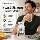 Nutriveska Daily Probiotics for Men & Women shown as part of a daily routine, supporting digestive balance, immune support, and probiotic health