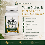 Nutriveska Daily Probiotics for Men & Women with probiotic support, prebiotic fiber, digestive enzymes, zinc, vitamin D3, and an easy once-daily routine