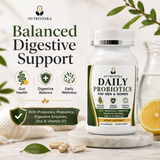 Nutriveska Daily Probiotics for Men & Women supporting gut health, digestive balance, and daily microbiome support with probiotics, prebiotics, digestive enzymes, zinc, and vitamin D3.