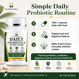 Nutriveska Daily Probiotics for Men & Women suggested use: 1 capsule daily with food to support gut and digestive balance