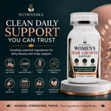 Nutriveska Women's Hair Growth Support highlighting third-party testing, cGMP manufacturing, gluten-free formulation, science-backed formula, and 2 capsules daily for hair support