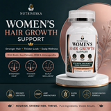 Nutriveska Women’s Hair Growth Support highlighting stronger hair, a thicker-looking appearance, scalp support, and key ingredients including biotin, saw palmetto, MSM, and ashwagandha