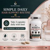 Nutriveska Women’s Hair Growth Support suggested use: 2 capsules daily with food for daily hair and scalp support