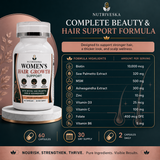 Nutriveska Women’s Hair Growth Support formula with biotin, saw palmetto, MSM, ashwagandha, zinc, vitamin D3, vitamin C, folate, and vitamin B6