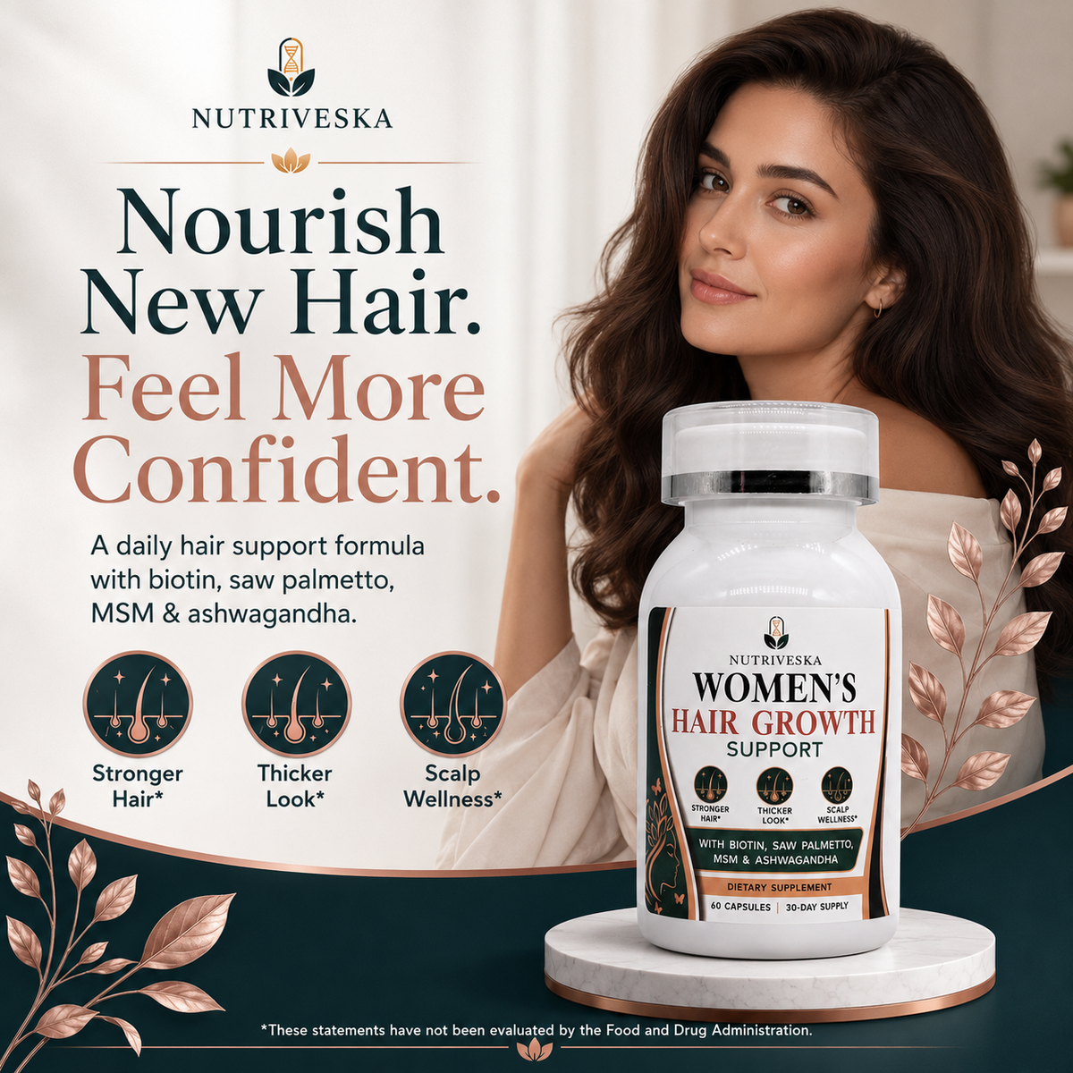 Nutriveska Women’s Hair Growth Support shown with a woman with long, healthy-looking hair, highlighting stronger hair, thicker-looking hair, and scalp support