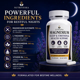 Nutriveska Magnesium Sleep & Emotional Health Support with magnesium glycinate, L-theanine, ashwagandha extract, GABA, vitamin B6, and melatonin