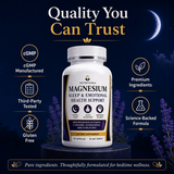 Nutriveska Magnesium Sleep & Emotional Health Support bottle on a pedestal under a night sky with lavender, highlighting cGMP manufacturing, third-party testing, gluten-free formula, premium ingredients, and science-backed formula