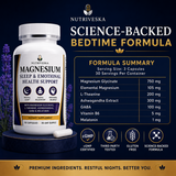 Nutriveska Magnesium Sleep & Emotional Health Support formula with 750 mg magnesium glycinate (105 mg elemental magnesium), L-theanine, ashwagandha extract, GABA, vitamin B6, and melatonin