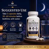 Nutriveska Magnesium Sleep & Emotional Health Support suggested use: take 3 capsules daily, 30–60 minutes before bedtime, with water