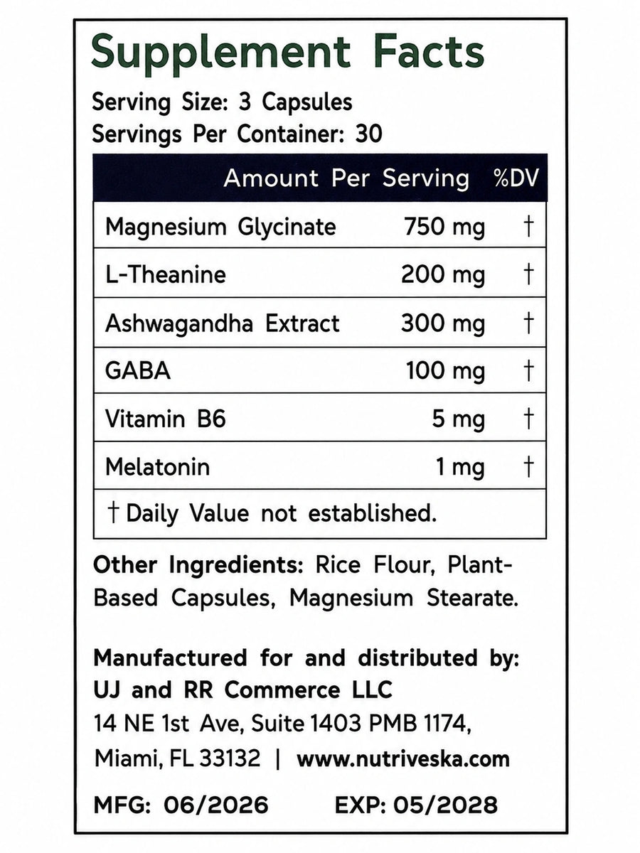 Supplement Facts for Nutriveska Magnesium Sleep & Emotional Health Support