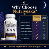 Nutriveska Magnesium Sleep & Emotional Health Support formula with magnesium glycinate, L-theanine, ashwagandha extract, GABA, melatonin, and third-party testing