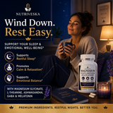 Nutriveska Magnesium Sleep & Emotional Health Support shown as part of a calming bedtime routine for restful sleep, relaxation, and emotional balance