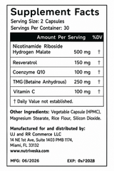 A Supplement Facts label showing the supplement details for Nicotinamide Riboside Hydrogen Malate, Resveratrol, Coenzyme Q10, TMG, and Vitamin C.