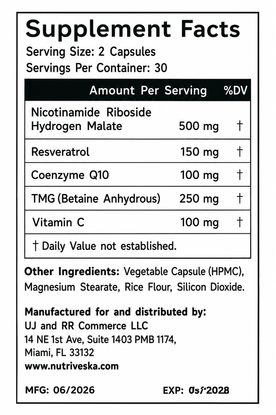 Supplement Facts for Nutriveska NAD+ Cellular Energy Support